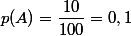  p(A)=\dfrac{10}{100}=0,1